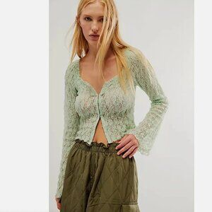NEW Free People FP One Madison Top Smocked Lace Sheer Hook-Front Bell Sleeve
